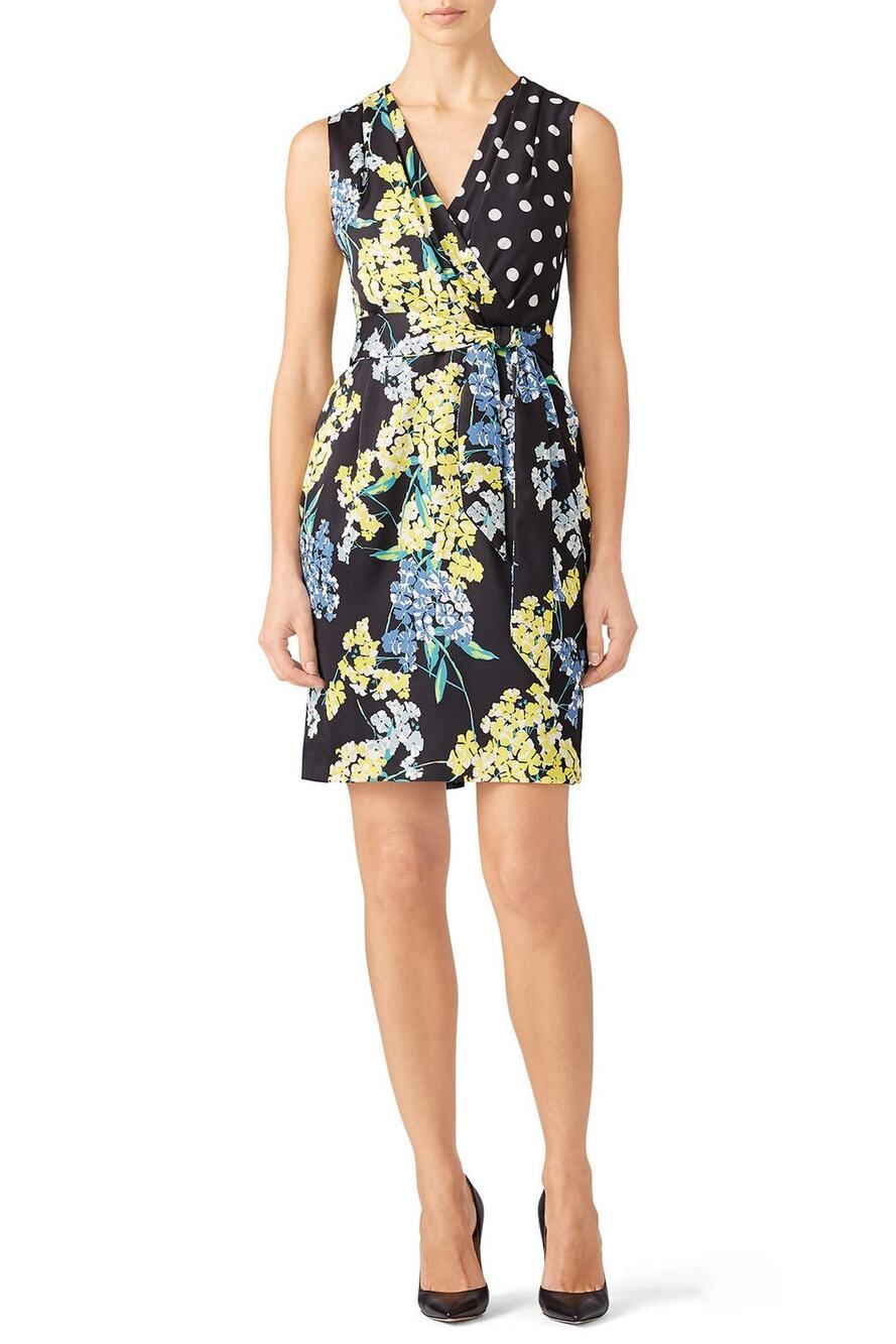 Slate & Willow Black Mixed-Media Floral Polka Dot Sheath V-Neck Dress 12